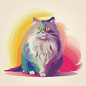 a colorful cat sitting on the ground looking at the camera