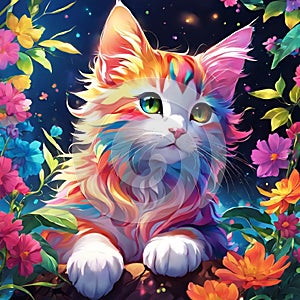 A colorful cat is sitting in a vibrant garden