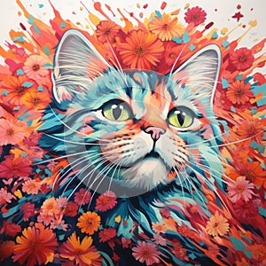 Colorful Cat In Vibrant Flowers: A Spray Painted Realism Artgerm