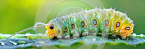 Colorful caterpillar on green leaf with space for custom text banner, nature background