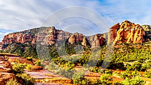 Colorful Cathedral Rock and other red rock mountains between the Village of Oak Creek and Sedona