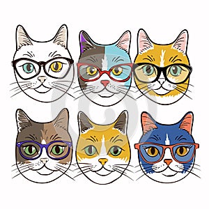 Colorful cats wearing glasses, cartoon style, various colors patterns, hipster feline, fun