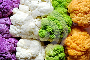 Colorful cauliflower and broccoli : purple, white, green, orange