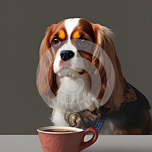 colorful cavalier king and a cup of coffee