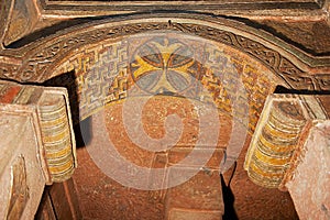 Colorful ceiling decoration inside the rock-hewn church in Lalibela, Ethiopia.