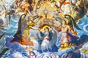 Colorful Ceiling Dome Mary Angels Host Fresco Puebla Cathedral Mexico