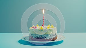 Colorful celebration birthday cake with colorful birthday candles on blue background