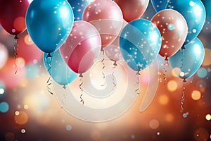 Colorful celebratory background, featuring balloons, confetti, sparkles, and lights