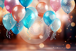 Colorful celebratory background, featuring balloons, confetti, sparkles, and lights