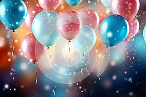 Colorful celebratory background, featuring balloons, confetti, sparkles, and lights