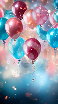 Colorful celebratory background, featuring balloons, confetti, sparkles, and lights