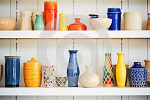 colorful ceramic glazes aligned on a studio shelf