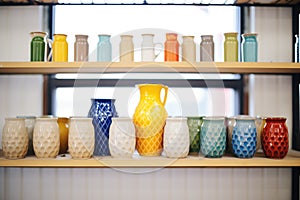 colorful ceramic glazes aligned on a studio shelf