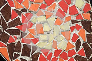 Colorful ceramic mosaic floor or wall. mosaic top view. Bathroom or kitchen floor wall design idea. Reused broken tile. Interior