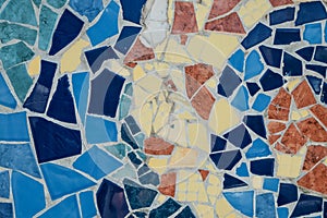 Colorful ceramic mosaic floor or wall. mosaic top view. Bathroom or kitchen floor wall design idea. Reused broken tile. Interior