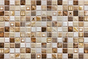 Colorful Ceramic Mosaic Tiles (White, Cream, Light Brown, Brown, Dark Brown). background of brown ceramic tiles