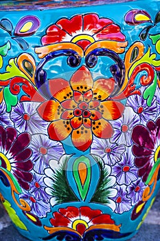 Colorful Ceramic Orange Blue Flowers Pot Dolores Hidalgo Mexico