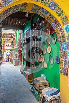 Colorful ceramic in a souk in the medina of Fe, Morocco