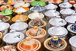 Colorful ceramic tagines for sale.