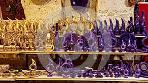 Colorful Turkish traditional ceramic handycrafts in a local pottery shop in Cappadocia photo