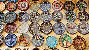 Colorful Turkish traditional ceramic handycrafts in a local pottery shop in Cappadocia photo