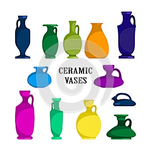 Colorful ceramic vases set. Ancient Greek, Roman jar with two handles and a narrow neck. Vintage amphora, trophy, pots, bottles,