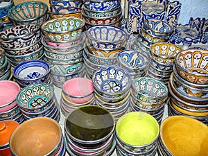 Colorful ceramics bowls, fez, Morocco