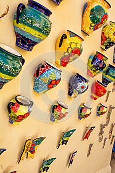 Colorful ceramics, tourist souvenirs of Malta, displayed