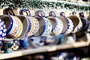 Colorful ceramics in traditonal polish market.