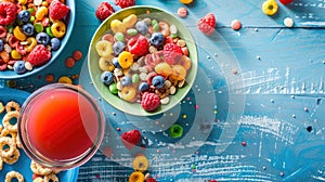 Colorful cereal and fruit bowl on blue background
