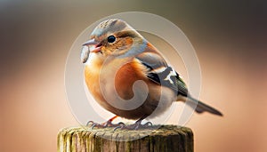 A colorful chaffinch bird perched on a wooden post, holding a sunflower seed in its beak.