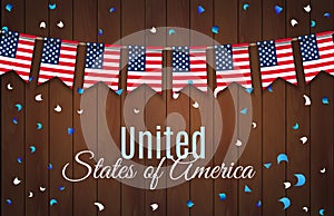 Colorful chain, garland, bunting of USA flags decoration for July 4 Independence Day. Patriotic Symbolic Decoration for