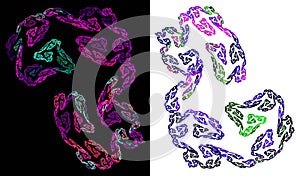 Colorful chains of blurred spirals twist on white and black backgrounds. Set of abstract fractal textures. 3D rendering. 3D