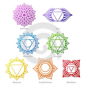 Colorful chakras symbols icons set.