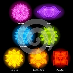 Colorful chakras symbols icons set.