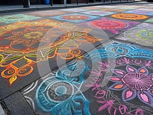 Colorful chalk art mandala on sidewalk