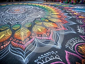 Colorful chalk art mandala on sidewalk