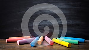 Colorful chalk sticks scattered on a rustic wooden surface below a dark blackboard.