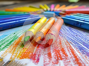 Colorful chalk on white paper Children\'s colored pencil and pastel drawings in tabletop colorful artwork with