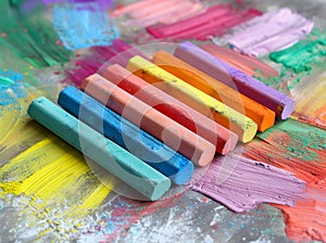 Colorful chalk on white paper Children\'s colored pencil and pastel drawings in tabletop colorful artwork with