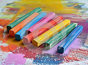 Colorful chalk on white paper Children\'s colored pencil and pastel drawings in tabletop colorful artwork with