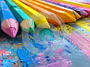 Colorful chalk on white paper Children\'s colored pencil and pastel drawings in tabletop colorful artwork with