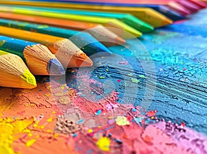 Colorful chalk on white paper Children\'s colored pencil and pastel drawings in tabletop colorful artwork with