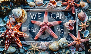 Colorful chalkboard message WE CAN HELP YOU surrounded by sea shells and starfish promoting support assistance and customer