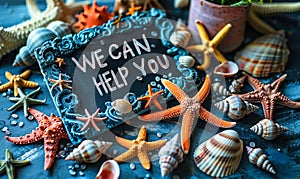 Colorful chalkboard message WE CAN HELP YOU surrounded by sea shells and starfish promoting support assistance and customer