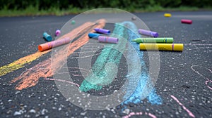 Colorful chalks on asphalt with the image of an arrow.