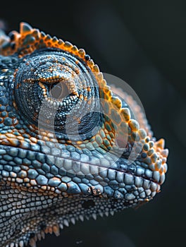  colorful chameleon against a blurred black and blue background