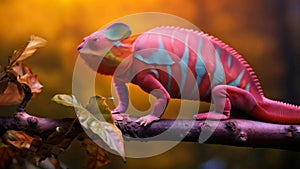 Colorful chameleon on the branch. Chamaeleo calyptratus, A colorful chameleon perched on a branch against a blurred nature