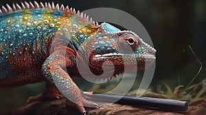 Colorful chameleon on a branch. Close-up. Wildlife Concept. Background with Copy Space.