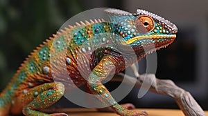 Colorful chameleon on a branch. Close-up. Wildlife Concept. Background with Copy Space.